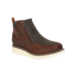 Brown leather ankle boot with woven pattern 