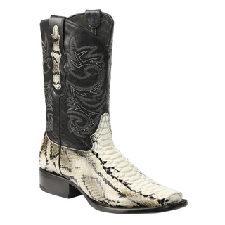 Black and white cowboy boot with snake skin pattern 