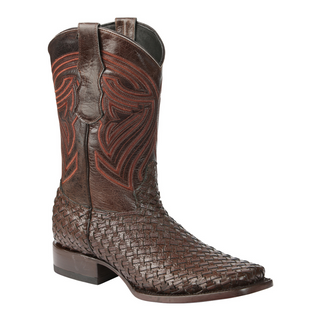 Brown cowboy boot with intricate pattern 