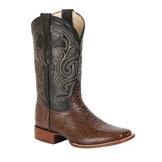 Brown cowboy boot with intricate stitching 