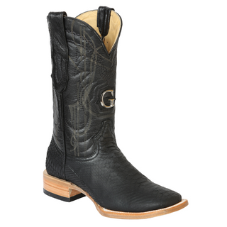 Black cowboy boot with a visible brand logo 