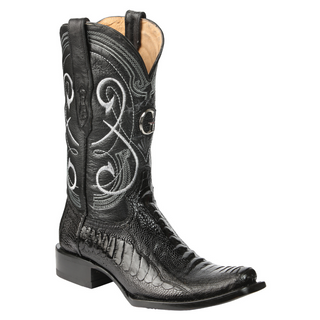 Black ostrich cowboy boot with intricate white embroidery 