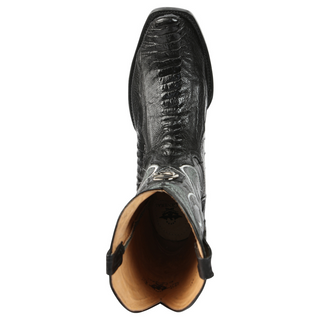 Black ostrich cowboy boot with a detailed pattern 