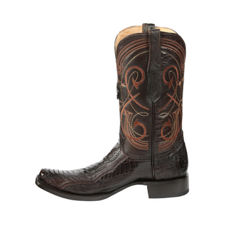 Brown ostrich cowboy boot with intricate stitching 
