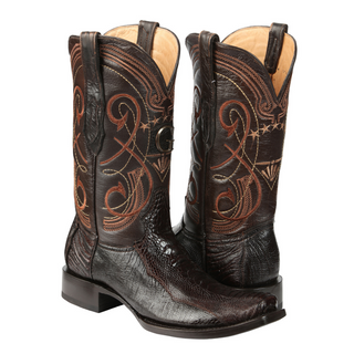 Pair of brown ostrich cowboy boots with intricate designs