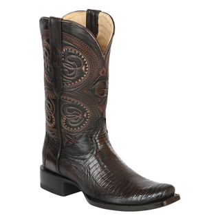 Brown cowboy boot with intricate leatherwork 