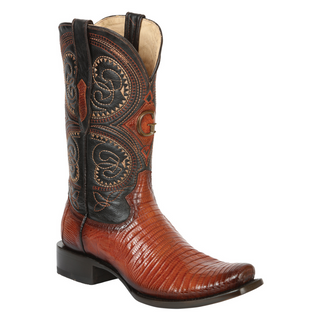 Brown cowboy boot with intricate black leather patterns 