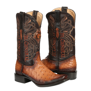 El General Men's Exotic Ostrich Leather Cowboy Boots - Cognac