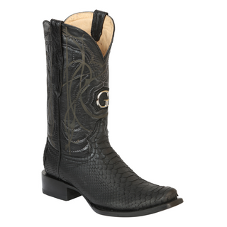 Black cowboy boot with detailed design 