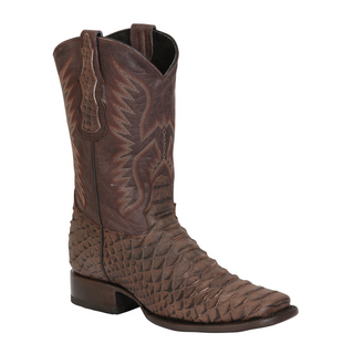 Brown cowboy boot with intricate patterns on a white background