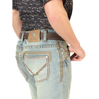 El General men’s light wash distressed Western denim jeans with embroidered pockets