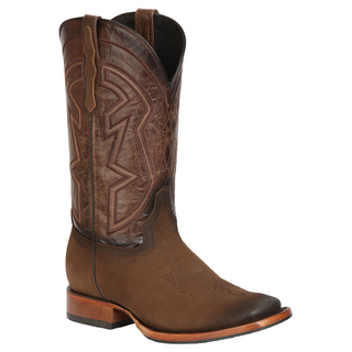 Brown cowboy boot with intricate design 
