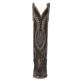 El General women’s chocolate leather cowboy boots with woven design and snip toe
