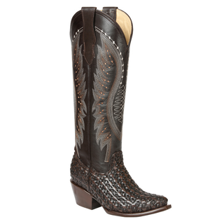 El General women’s chocolate leather cowboy boots with woven design and snip toe