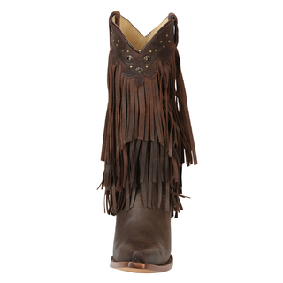 El General women’s chocolate brown leather cowboy boots with full fringe and snip toe