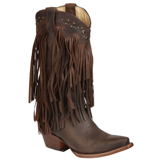 El General women’s chocolate brown leather cowboy boots with full fringe and snip toe