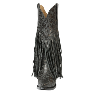 El General women’s black floral embossed leather cowboy boots with fringe