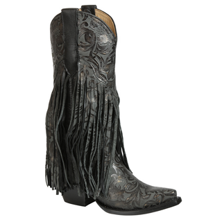 El General women’s black floral embossed leather cowboy boots with fringe