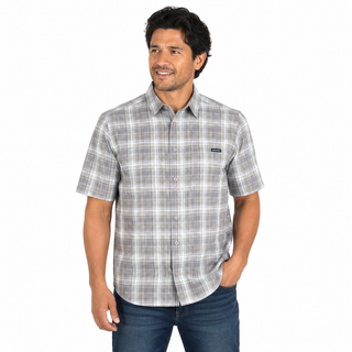 Wolverine men’s gray plaid short sleeve button-up work shirt with dual chest pockets
