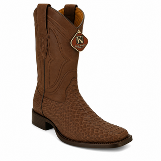 King Exotic Python Wide Square Toe Cowboy Boot - Nubuck Brown
