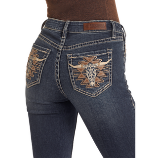 Rock & Roll Denim Mid Rise Extra Stretch Steer Head Embroidered Bootcut Jeans