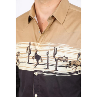 Platini Men's Modern Fit Cotton Stretch Rodeo Panoramic Shirt - Khaki