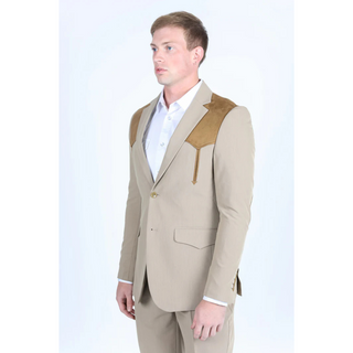 Platini Men's Western Suit Sport Coat with Suede Yokes and Elbow Patches - Khaki