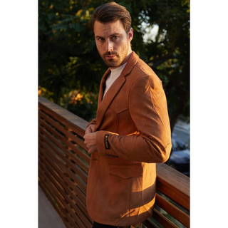 Platini Men's Double Button Faux Suede Blazer- Camel