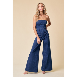 Strapless Wide Leg Denim Jumpsuit - Medium Wash