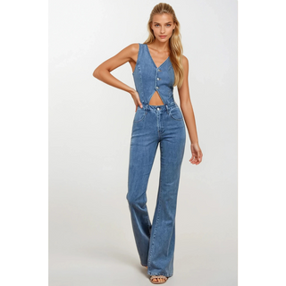 Women's Cutout Denim Jumpsuit with Western Flare Leg - Medium Wash