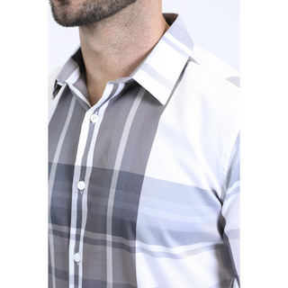 Platini men’s white gray and charcoal plaid short sleeve button-up shirt with oversized plaid pattern