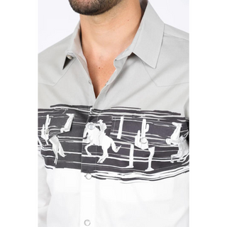 Platini Men's Modern Fit Cotton Stretch Rodeo Panoramic Shirt - Grey