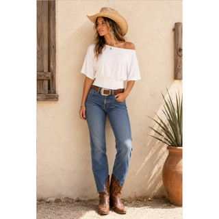 Off-shoulder Ruched Waist Knit Top - Ivory