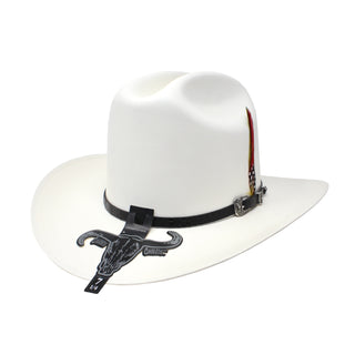Cuernos Chuecos 5000X White Cowboy Hat – Side View with Feather Accent