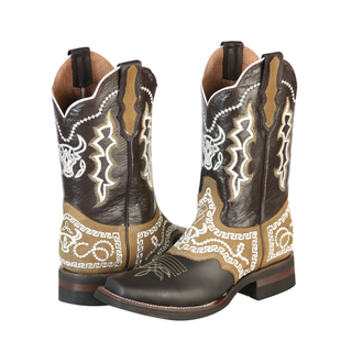 Brown cowboy boot with intricate white and beige patterns 
