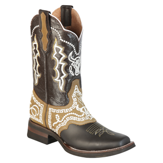 Brown cowboy boot with intricate white and beige patterns 