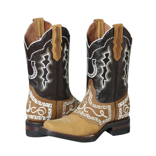 Pair of cowboy boots with intricate designs 