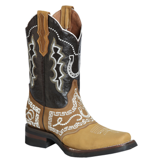 Brown and black cowboy boots with intricate white stitching 
