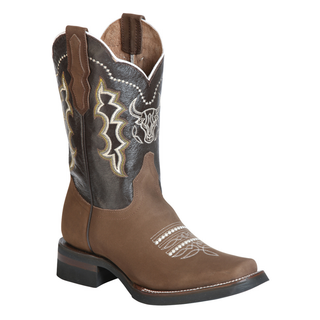 Brown cowboy boot with intricate design 