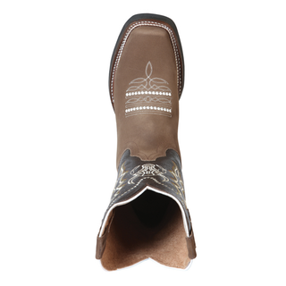 Brown cowboy boot with intricate white stitching 