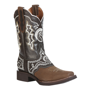 Brown and black cowboy boot with intricate white embroidery 