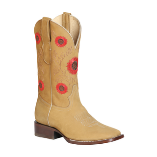 Tan cowboy boot with red floral patterns 