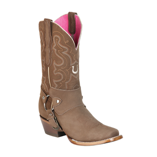 Brown cowboy boot with pink interior 