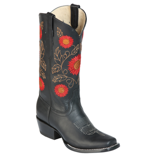 Black cowboy boot with red floral embroidery 