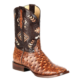 Brown cowboy boot with intricate design 