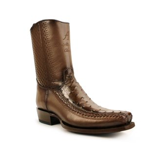 Brown genuine ostrich leg and leather square toe cowboy boot for men with handcrafted detailing