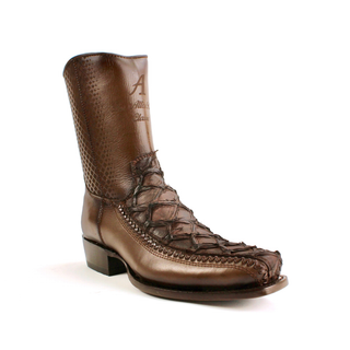 Tabacco Pirarucu fish skin and leather semi square toe cowboy boot for men by Los Altos
