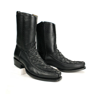 Pair of Black Pirarucu fish skin and leather semi square toe cowboy boot for men by Los Altos