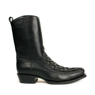 Black Pirarucu fish skin and leather semi square toe cowboy boot for men by Los Altos