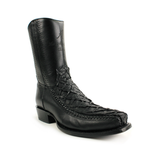 Black Pirarucu fish skin and leather semi square toe cowboy boot for men by Los Altos